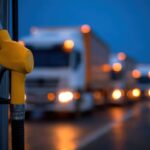 Gazole : le déstockage stratégique pourrait aussi soulager les transporteurs routiers bright yellow diesel fuel nozzle in extreme foreground, long line of heavy trucks waiting at a fuel station stretching into the distance, cool dark
