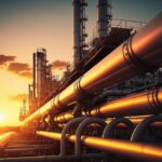 La flambée du gaz ravive les inquiétudes des transporteurs Industry pipeline transport petrochemical, gas and oil processing, furnace factory line, rack of heat chemical manufacturing, equipment steel pipes plant with Generative AI.